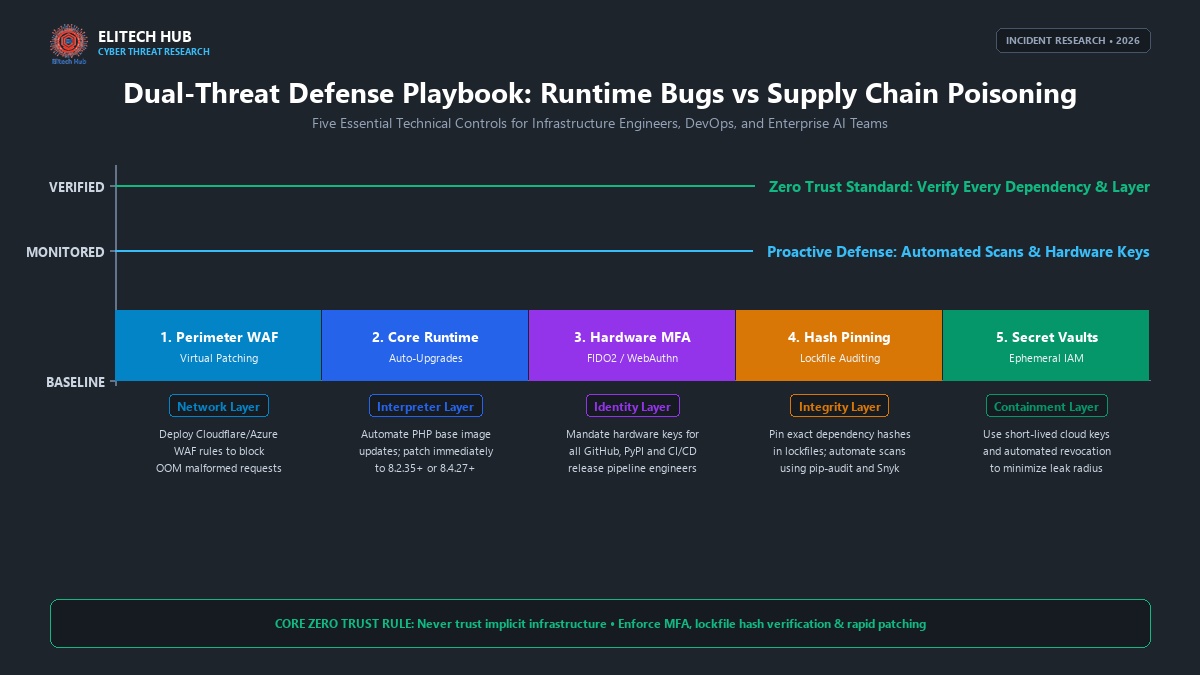 Dual-threat defensive architecture playbook comparing core runtime patch controls against software supply chain verification and secret containment